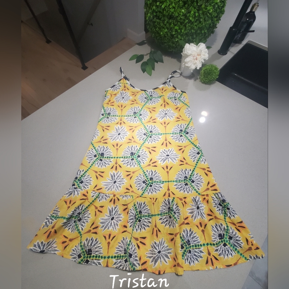 TRISTAN Superbe robe midi fluide entièrement doublée jaune avec beaux motifs